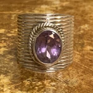 PTI Sterling Silver and Amethyst Ring Size 8 Ribbed Wide Band Vintage India